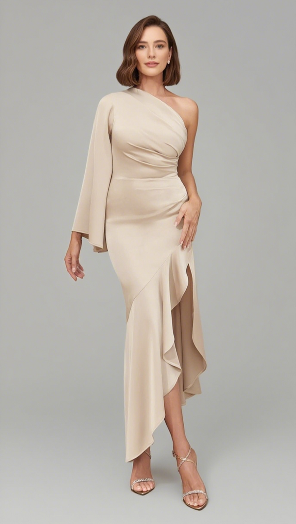 AIIZIE ONE - SHOULDER RUCHED ASYMMETRIC SATIN MIDI DRESS IN NUDE - product image