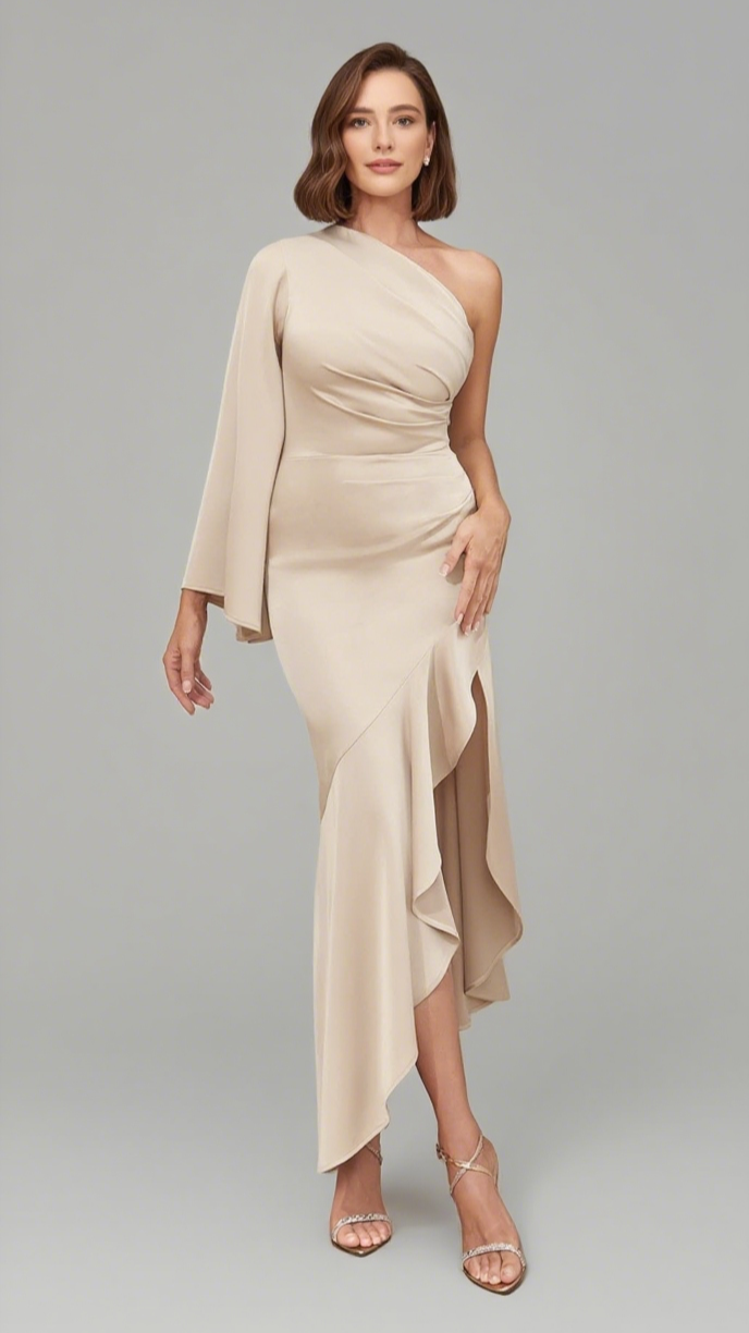 ONE - SHOULDER RUCHED ASYMMETRIC SATIN MIDI DRESS IN NUDE