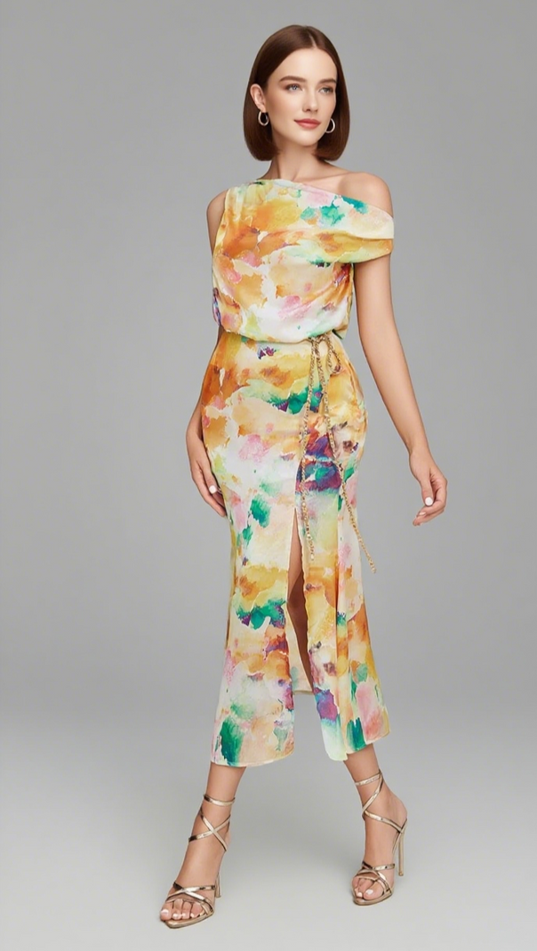 AIIZIE COLORFUL WATERCOLOR ONE - SHOULDER CHAIN - BELTED MIDI DRESS IN ORANGE - product image