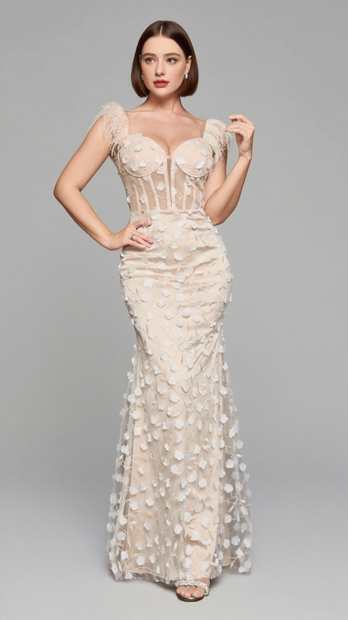 FEATHER - STRAP FLORAL - EMBROIDERED MERMAID GOWN IN IVORY