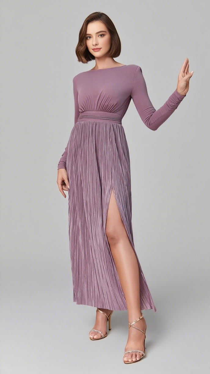 LONG - SLEEVE PLEATED - WAIST MAXI DRESS IN LILAC