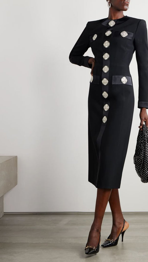 AIIZIE CRYSTAL EMBELLISHED SATIN-TRIMMED CREPE MIDI DRESS IN BLACK - product image