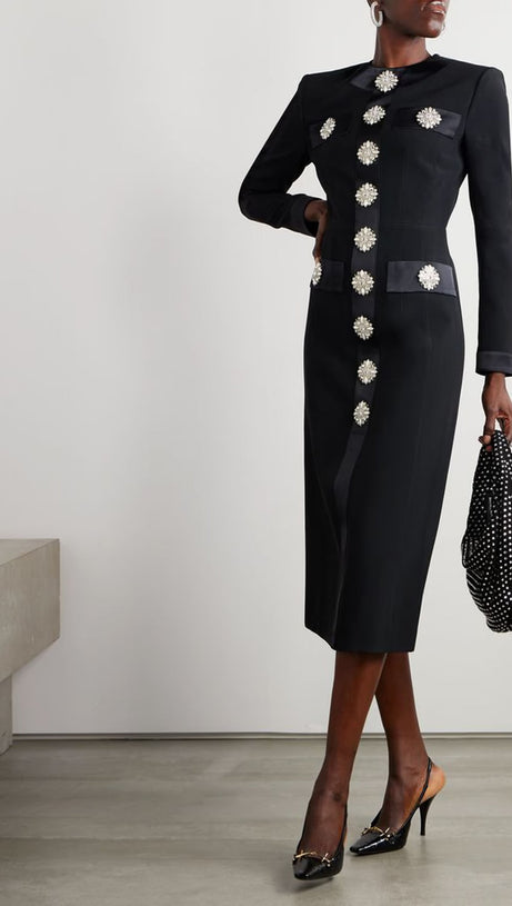 CRYSTAL EMBELLISHED SATIN-TRIMMED CREPE MIDI DRESS IN BLACK