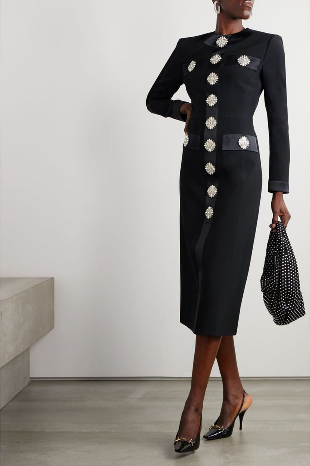 CRYSTAL EMBELLISHED SATIN-TRIMMED CREPE MIDI DRESS IN BLACK