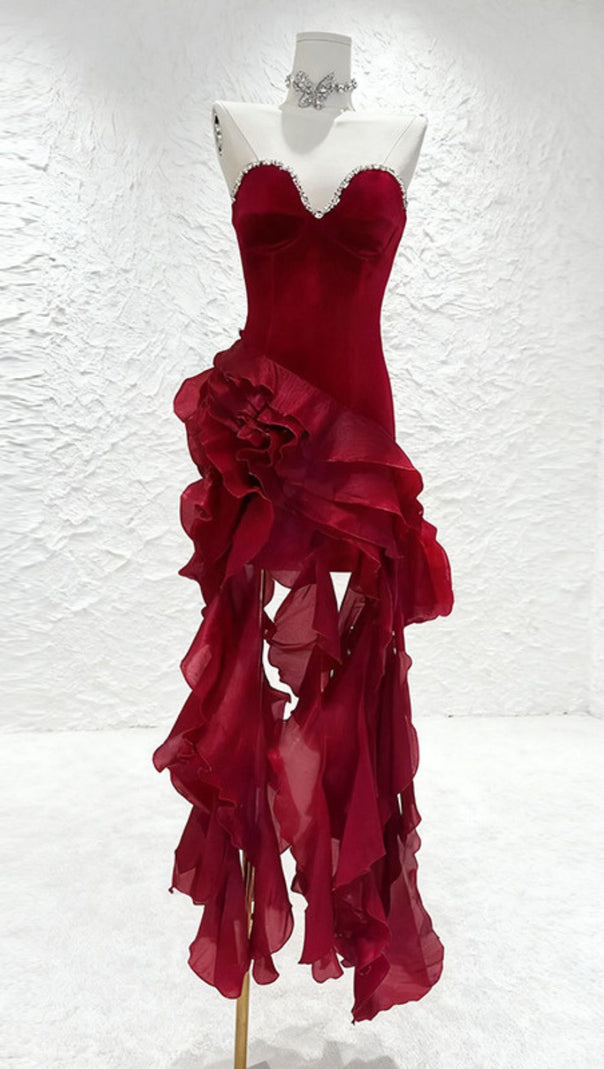 AIIZIE HOVA RUBY RED STRAPLESS RUFFLE MAXI GOWN - DAZZLING VELVET & CHIFFON - product image
