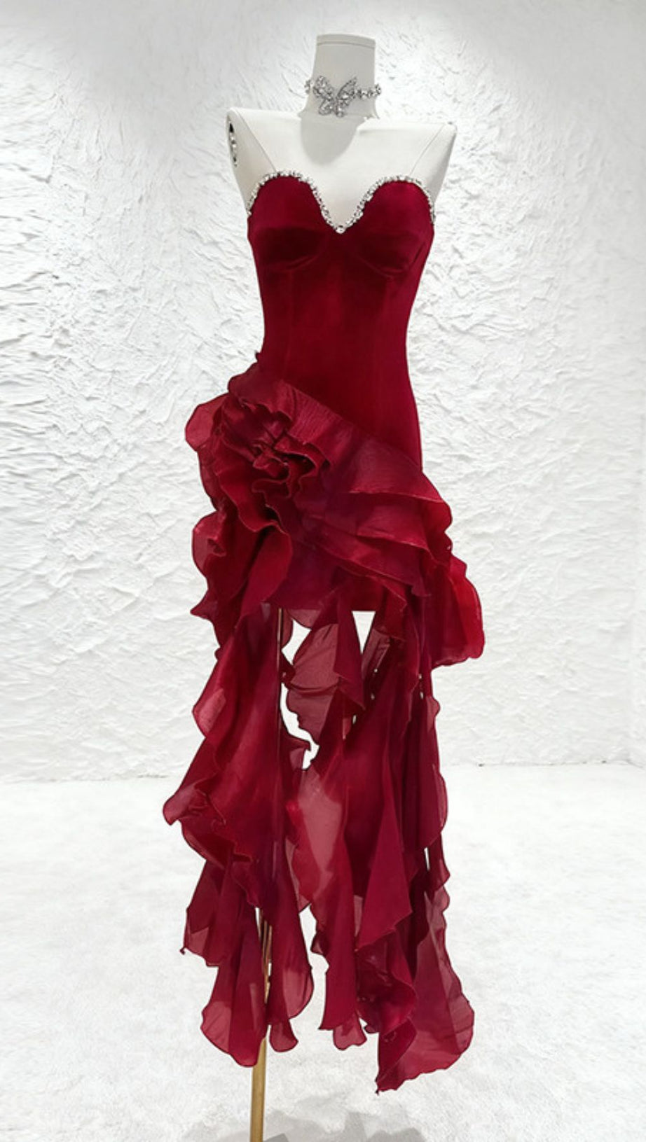 HOVA RUBY RED STRAPLESS RUFFLE MAXI GOWN - DAZZLING VELVET & CHIFFON