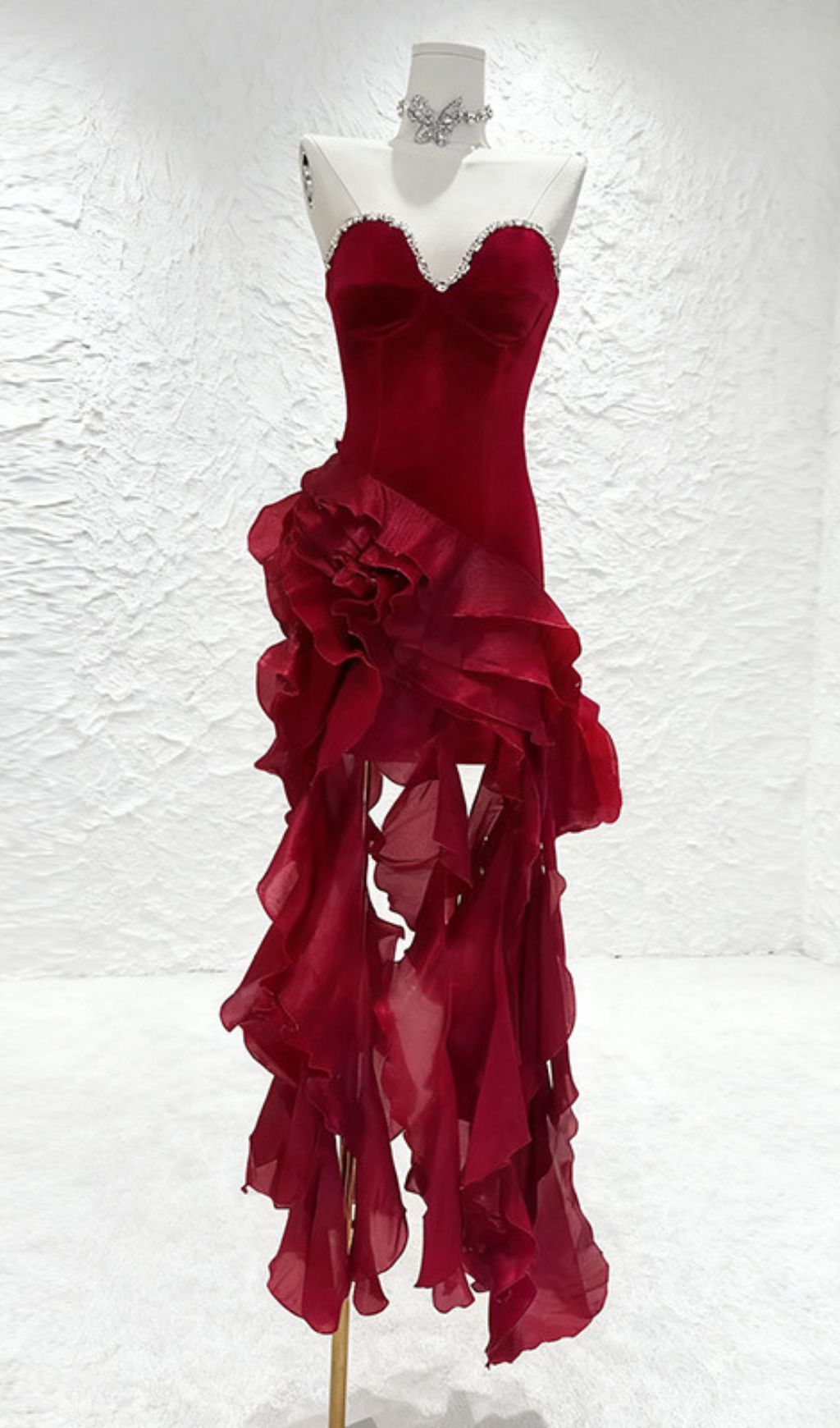 HOVA RUBY RED STRAPLESS RUFFLE MAXI GOWN - DAZZLING VELVET & CHIFFON
