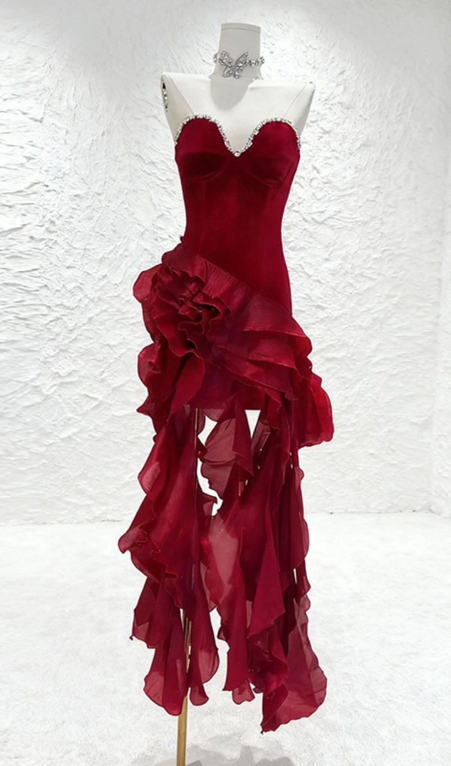 HOVA RUBY RED STRAPLESS RUFFLE MAXI GOWN - DAZZLING VELVET & CHIFFON