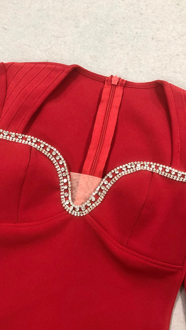 ABITO LUNGO A MANICHE LUNGHE CON CRISTALLI SYLVIA IN ROSSO