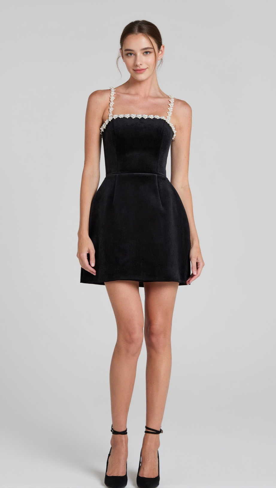 PEARL EMBELLISHED STRAP MINI DRESS IN BLACK