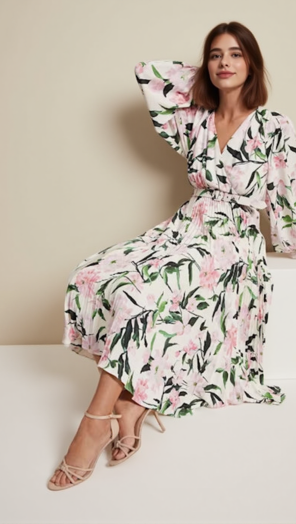 AIIZIE MULTI-COLOURED PENNY FLORAL PLEAT MIDI DRESS - product image