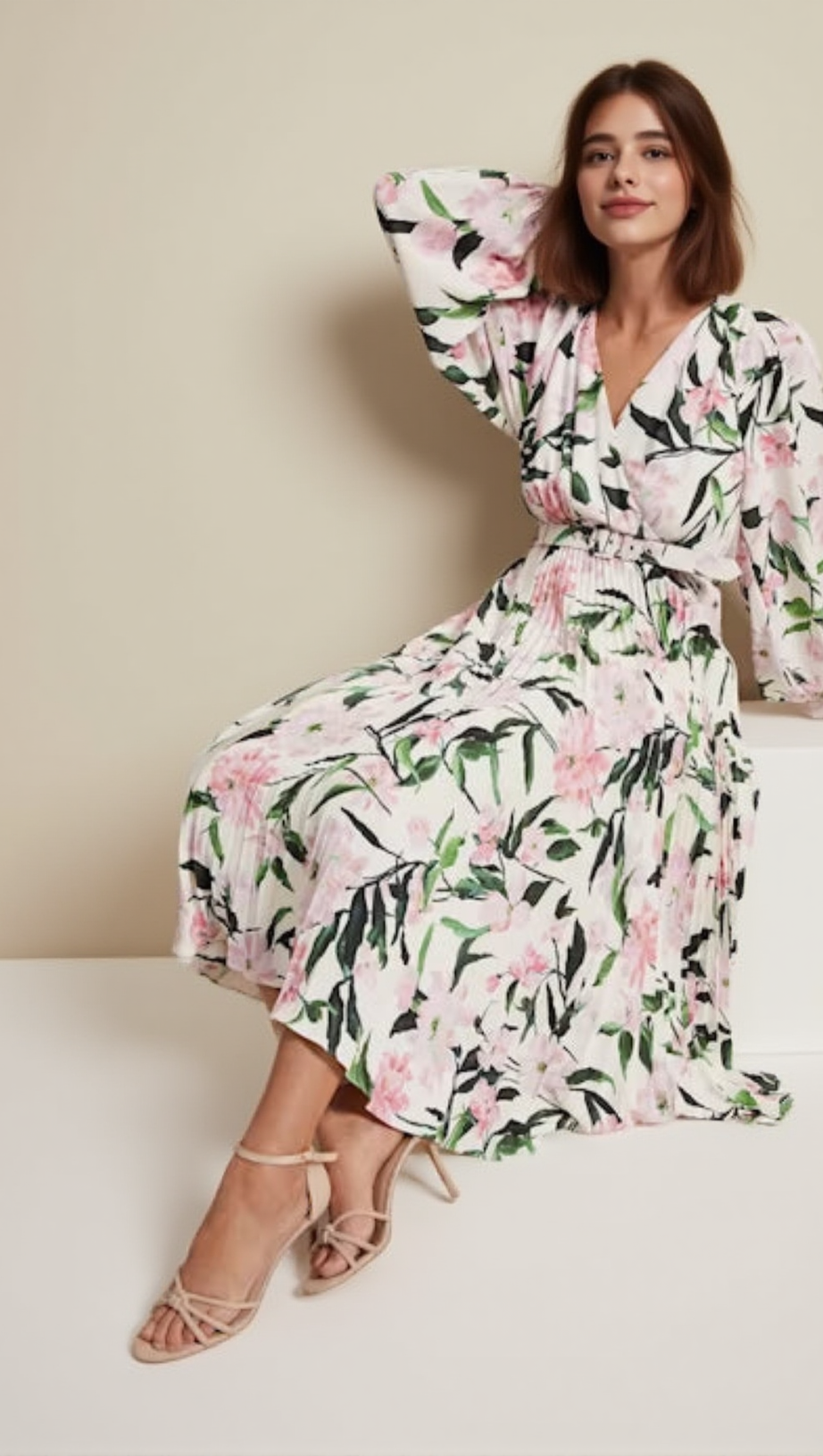 mehrfarbiges, florales Falten-Midikleid mit Penny-Muster