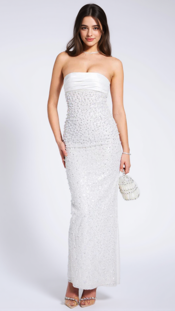 AIIZIE WHITE SATIN SEQUIN PEARLS BEADED MAXI DRESS - product image