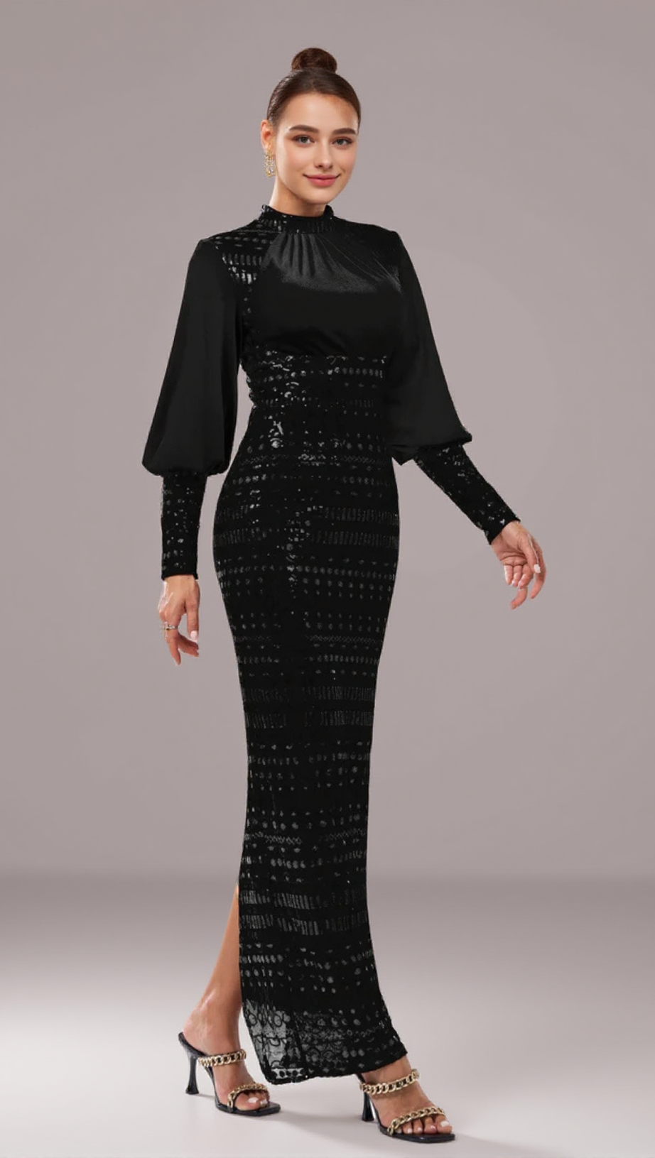 BEATRICE SEQUIN LONG SLEEVE MAXI DRESS IN BLACK