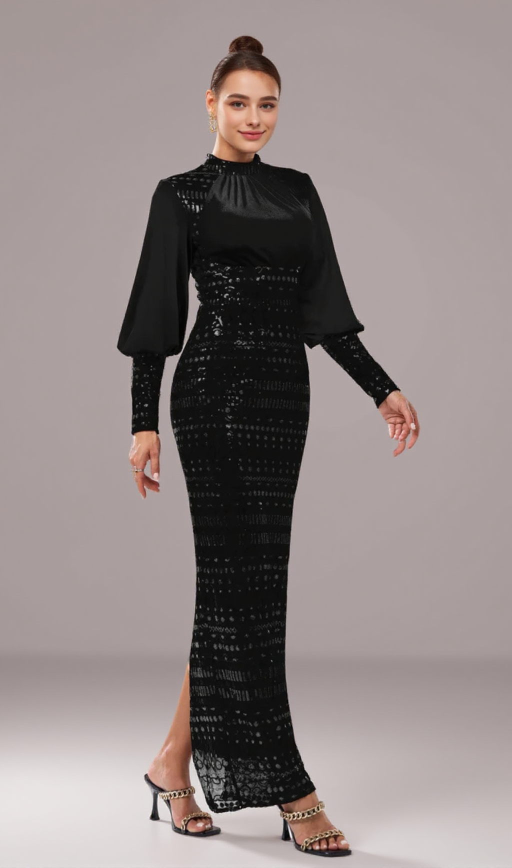 BEATRICE SEQUIN LONG SLEEVE MAXI DRESS IN BLACK