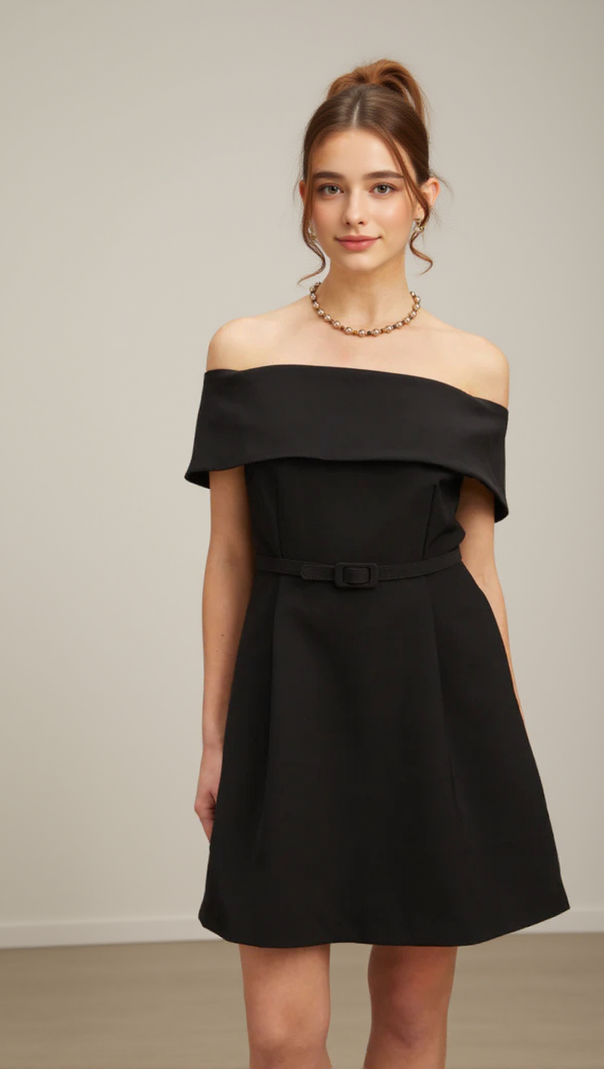 AIIZIE BELTED OFF-SHOULDER A-LINE MINI DRESS IN BLACK - product image