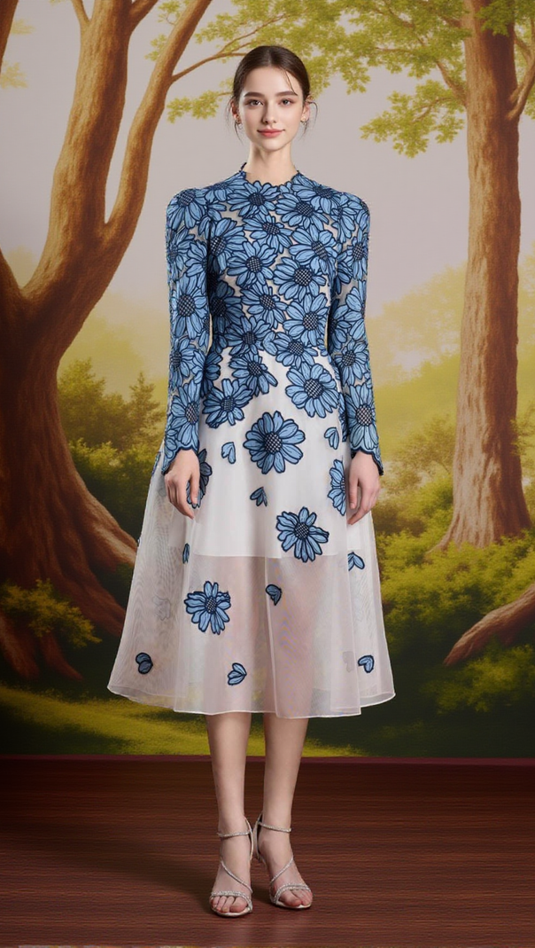 AIIZIE DANIELLE BLUE-WHITE A-LINE SQUARE SHOULDER LACE MIDI DRESS - product image