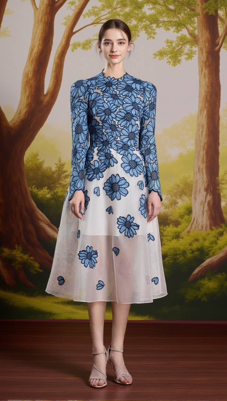 DANIELLE BLUE-WHITE A-LINE SQUARE SHOULDER LACE MIDI DRESS