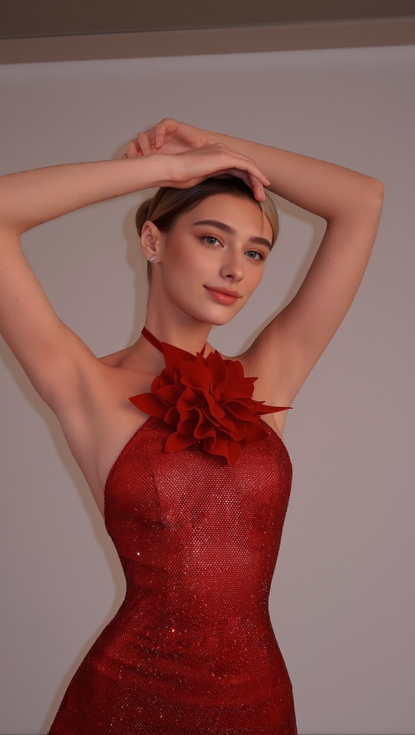 AIIZIE URSULA 3D FLOWER SEQUIN HALTER MAXI DRESS IN RED - product image