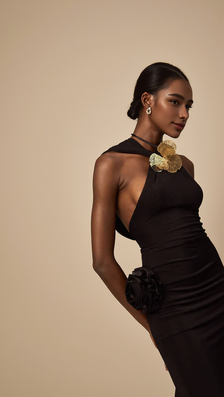 ABITO MIDI CON CAPPUCCIO E FIORI 3D IN METALLO TAMMY NERO