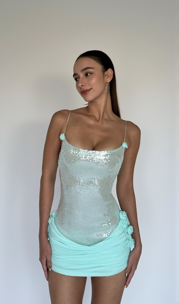 AIIZIE MOLLY SEQUIN CHIFFON MINI DRESS IN MINT - product image
