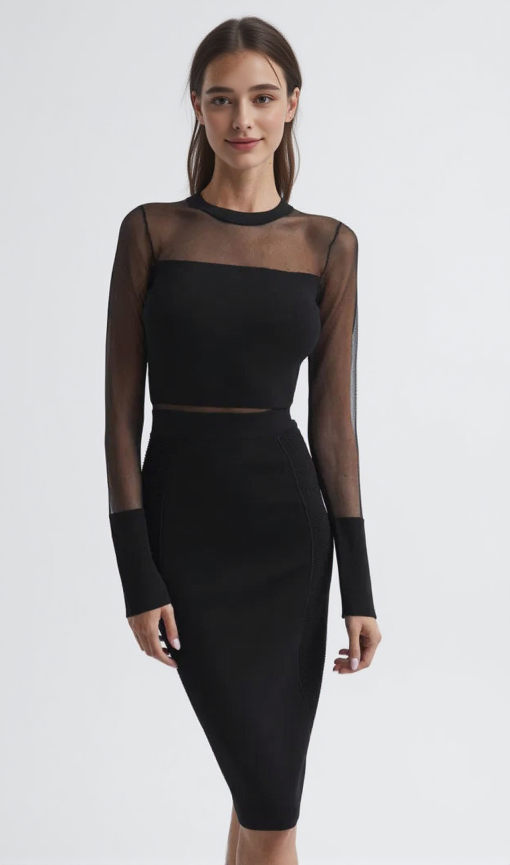 LYLA KNITTED SHEER SLEEVE MIDI DRESS IN BLACK