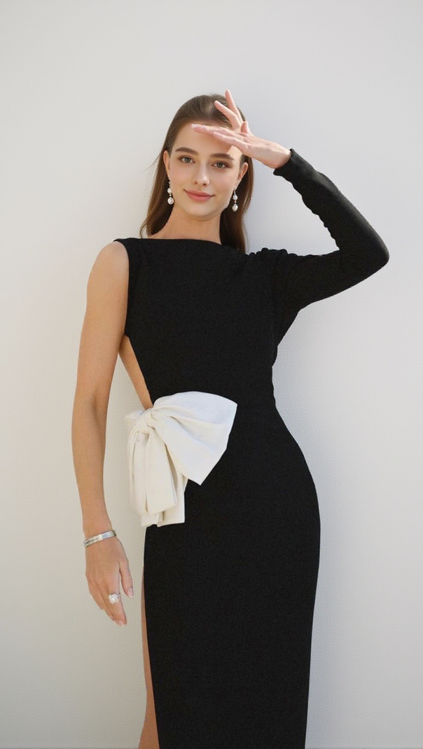 AIIZIE ONE SLEEVE BOW BACKLESS MAXI DRESS BLACK - product image