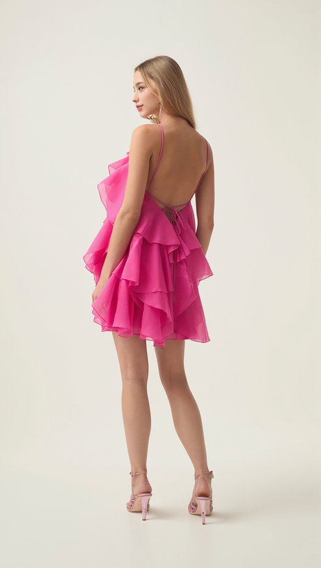 LORRAINE HALTER FLORAL RUFFLE LAYERED MINI DRESS IN FUCHSIA