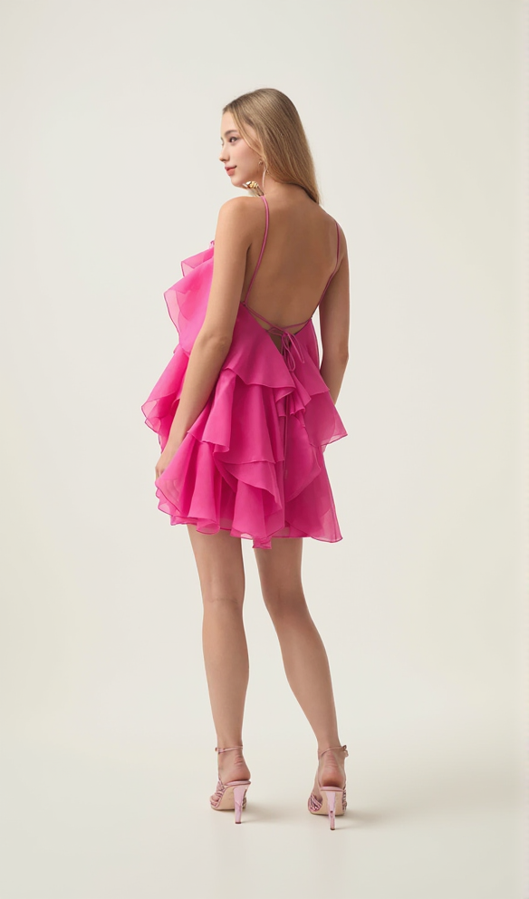 AIIZIE LORRAINE HALTER FLORAL RUFFLE LAYERED MINI DRESS IN FUCHSIA - product image