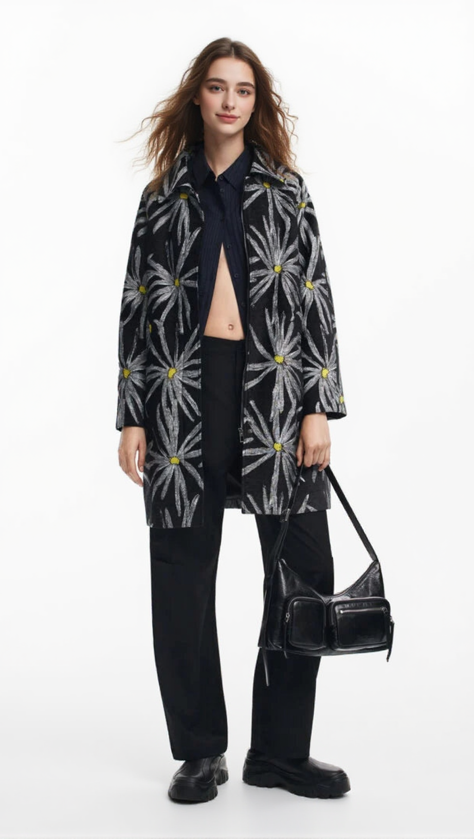 DAISY PRINT COAT IN BLACK