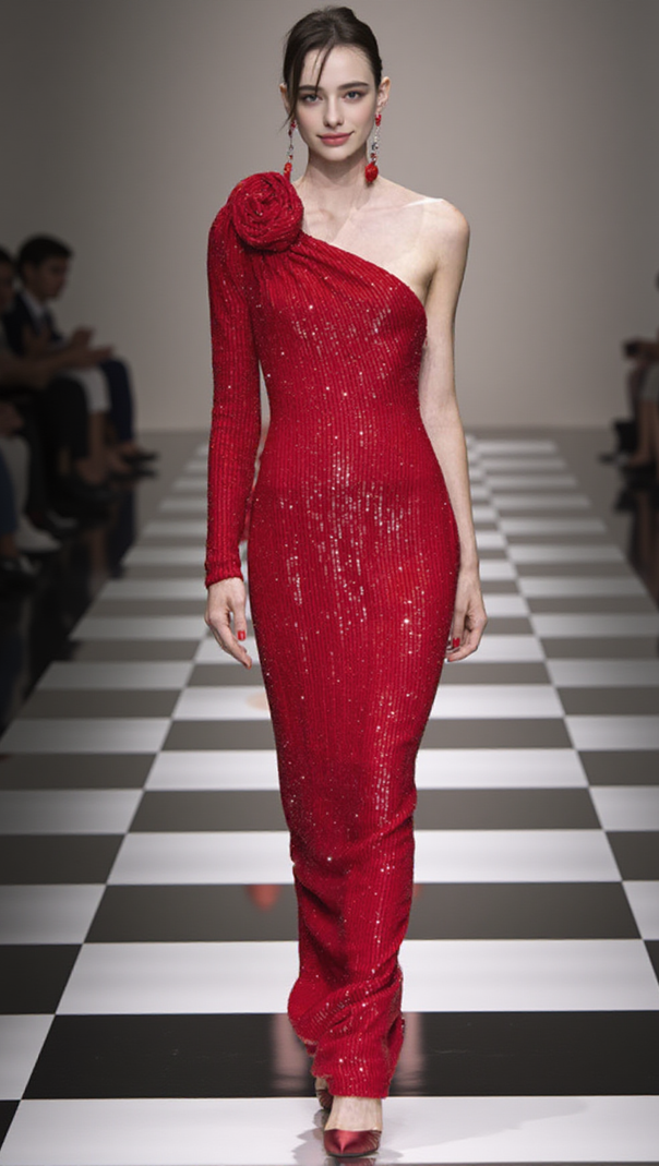 AIIZIE ETHEL SEQUINS ONE SHOULDER MIDI DRESS - product image