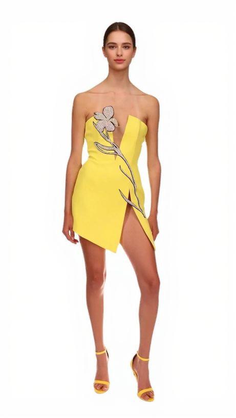 Tüll Mesh Blume heißes Diamantkleid schwerer Schlitz sexy Minikleid 
