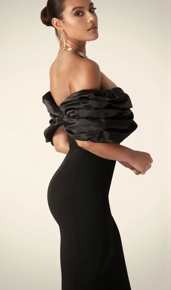 AIIZIE SOPHIA OFF SHOULDER RUCHED MAXI SLIT DRESS IN BLACK - product image