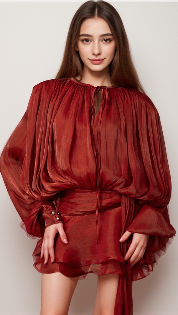 AIIZIE FULLY-PLEATED RUFFLED MINI DRESS IN RED - product image
