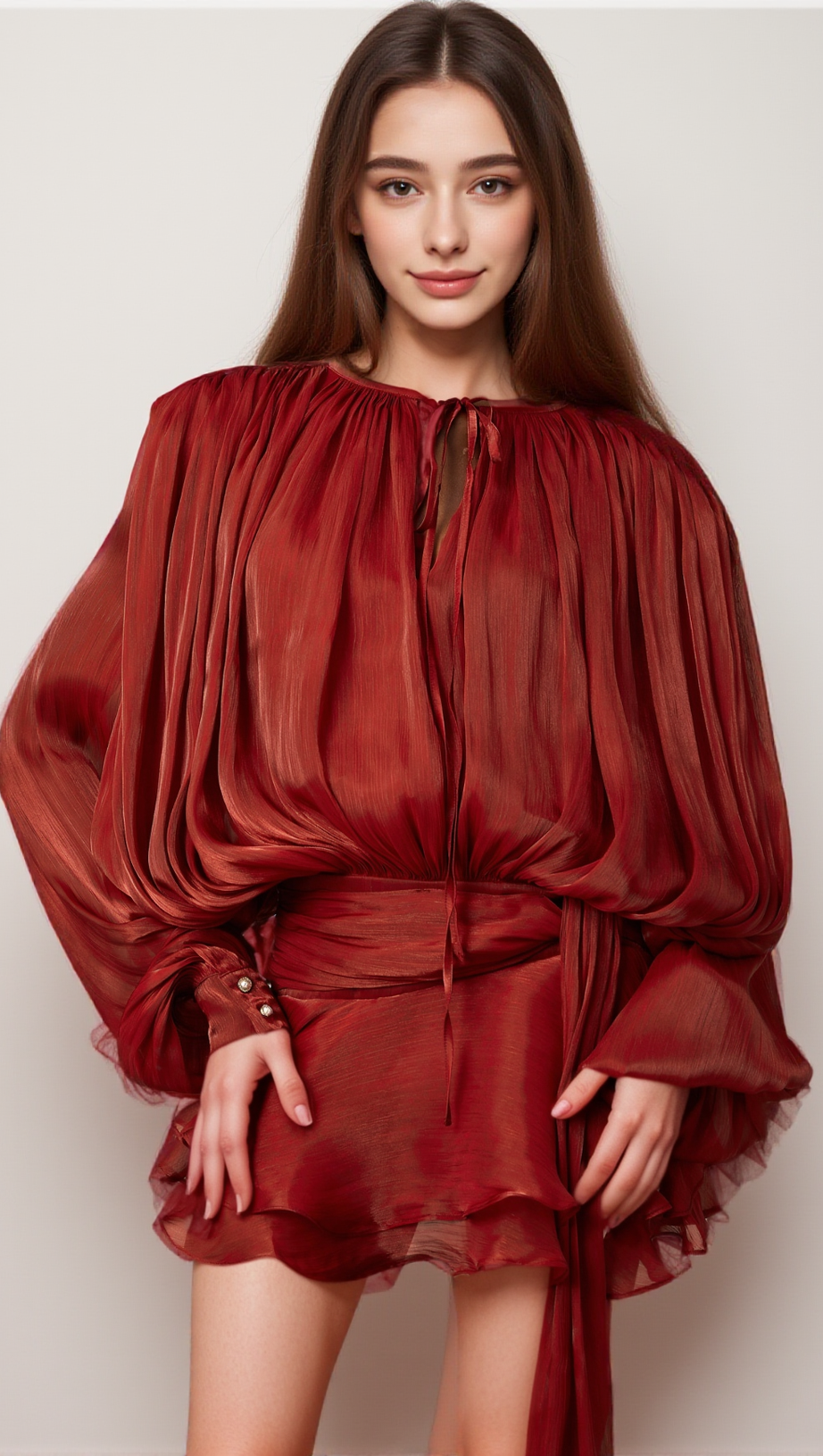 FULLY-PLEATED RUFFLED MINI DRESS IN RED