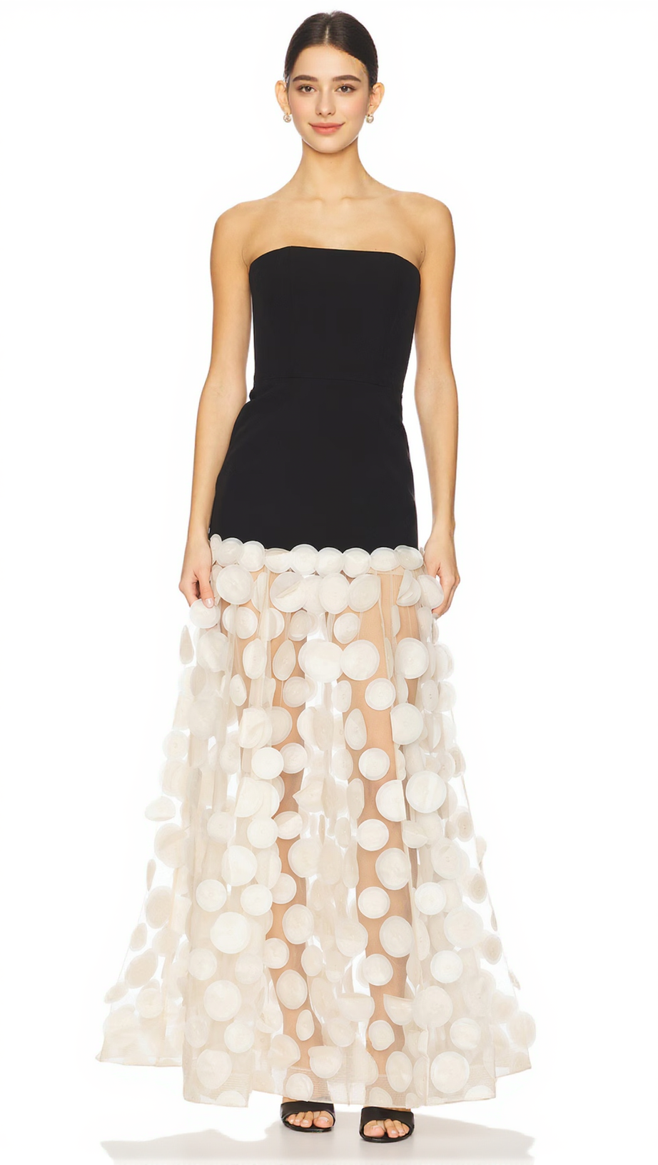 Trägerloses Maxikleid in A-Linie Schwarz Elfenbein