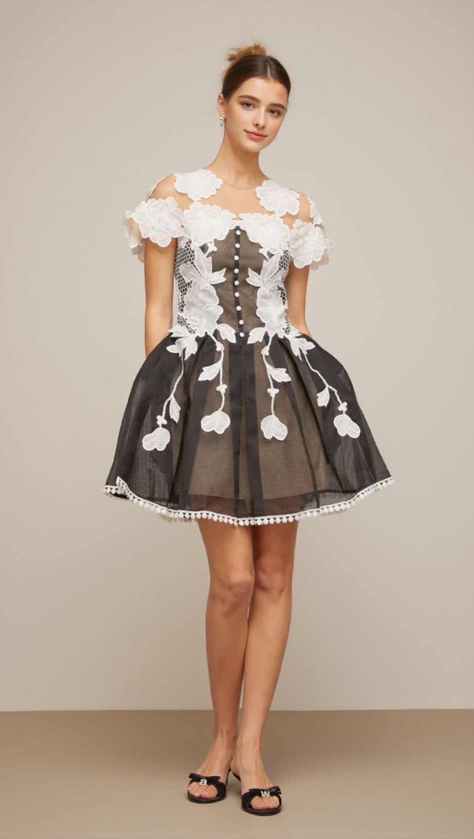 BLACK-WHITE LACE FLOWER EMBELLISHED MINI DRESS