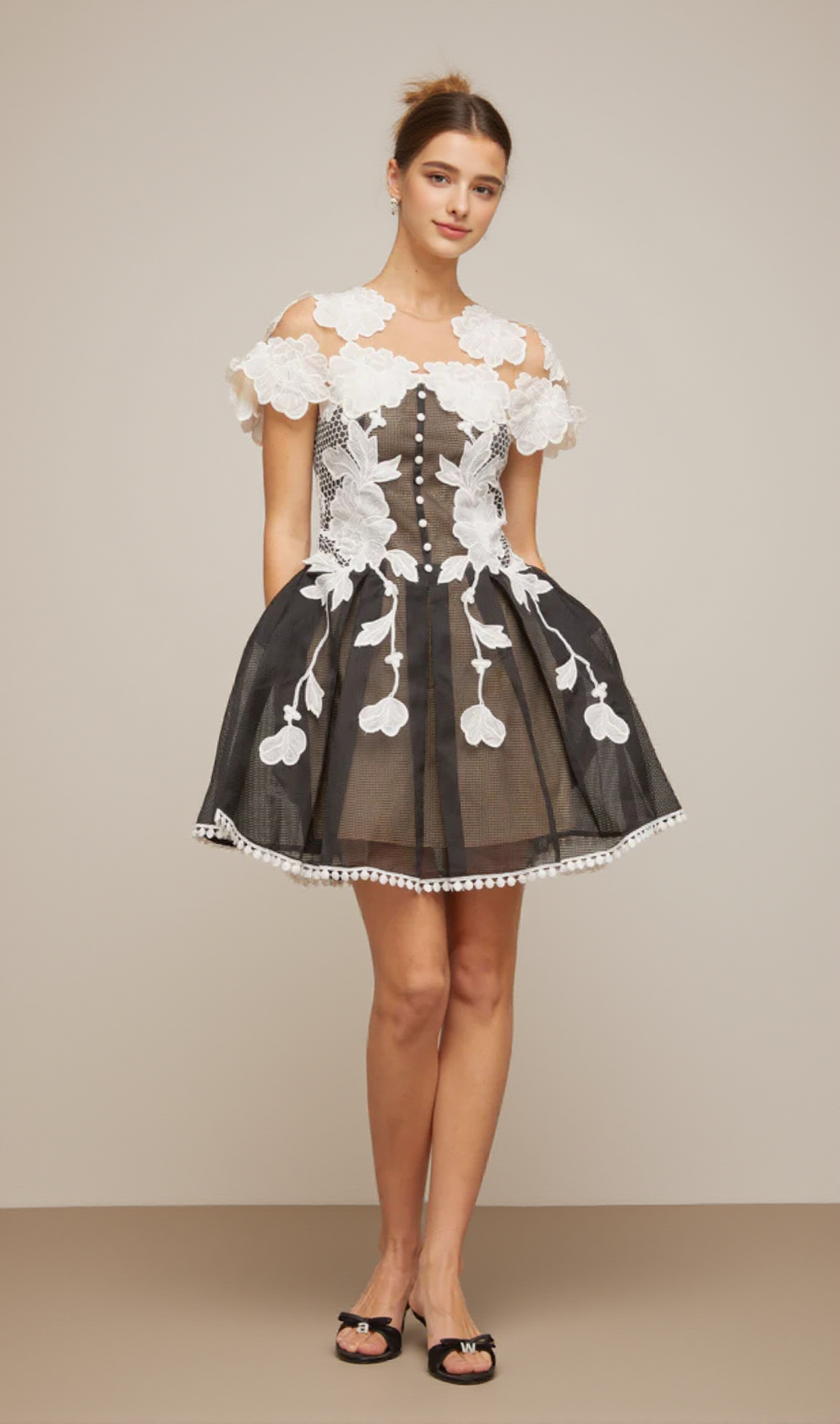 BLACK-WHITE LACE FLOWER EMBELLISHED MINI DRESS