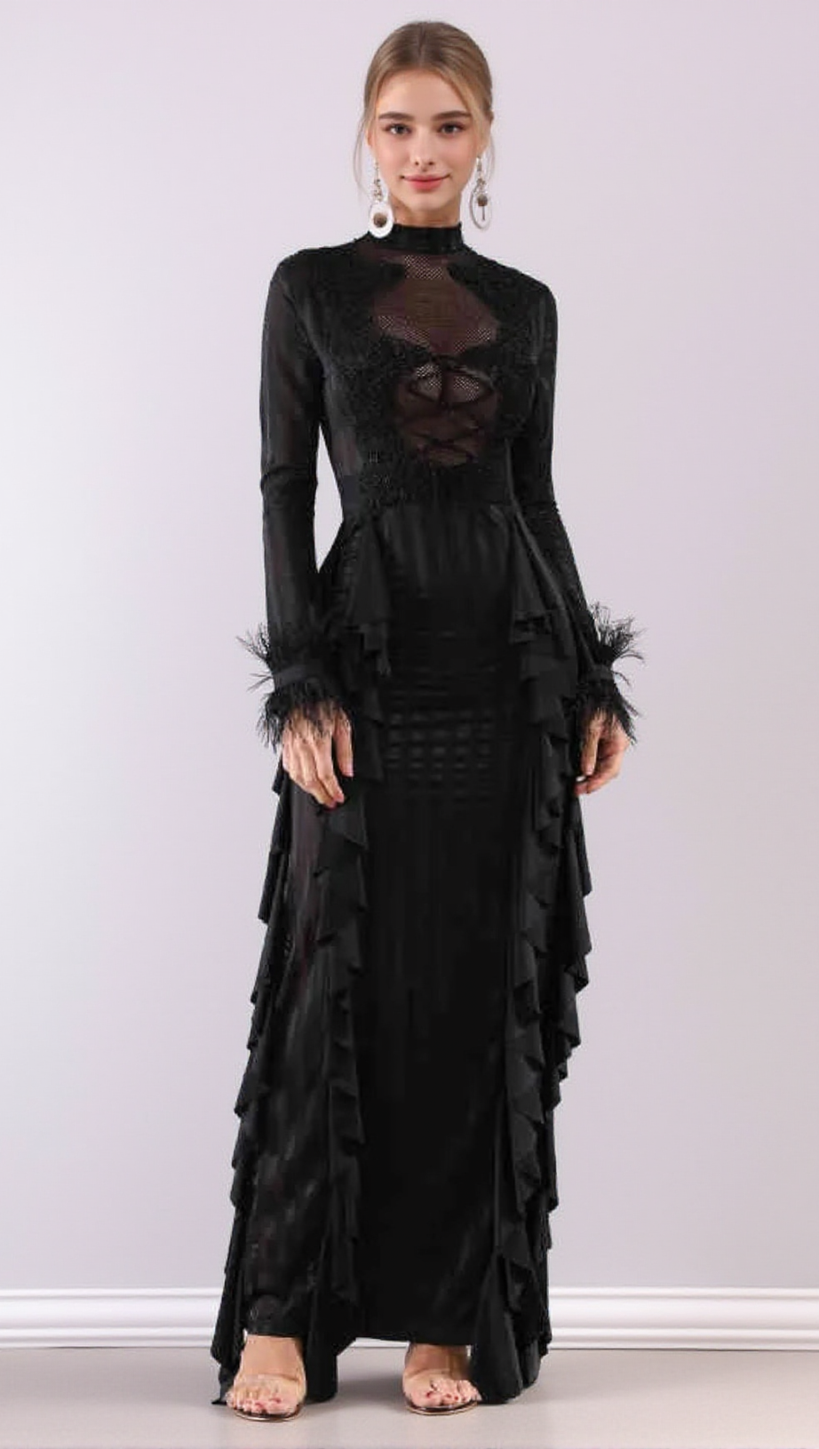 ALANI PANAGAS LONG SLEEVE MESH RUFFLE DRESS