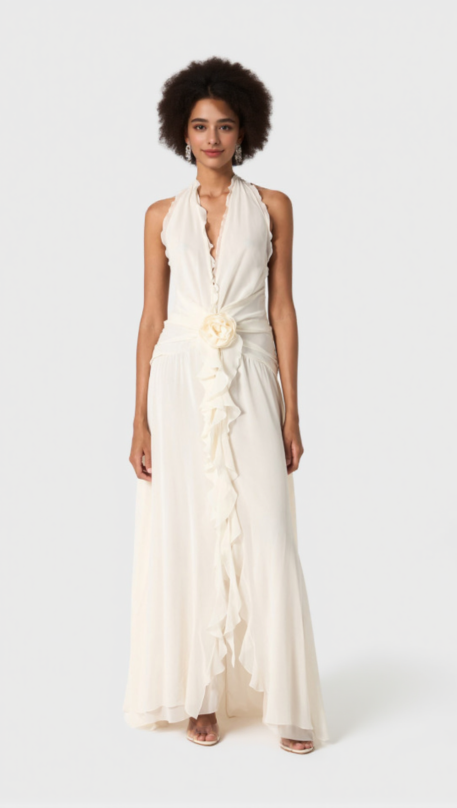 AONAVER FLORAL RUFFLE HALTER MAXI DRESS IN WHITE
