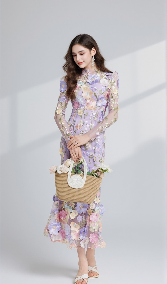 CAROL PURPLE FLORAL EMBROIDERY MESH LONG SLEEVE MIDI DRESS