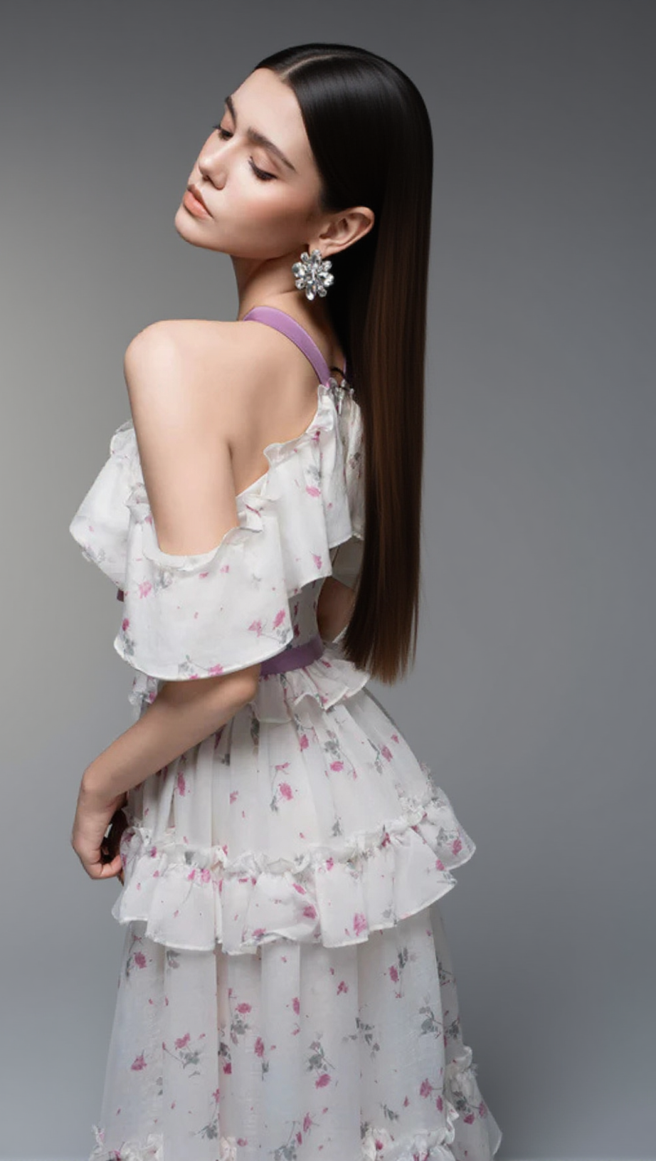 FLORAL PRINT BOW COLLAR RUFFLE FLARED MAXI DRESS