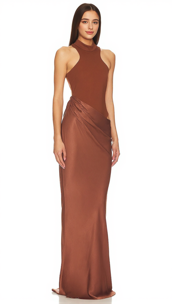 AIIZIE ILYA ASYMMETRICAL CUTOUT SATIN MAXI DRESS IN BROWN - product image