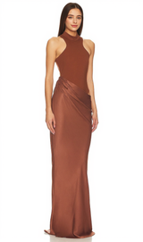 Ilya Asymmetrical Cutout Satin Maxi Dress in Brown