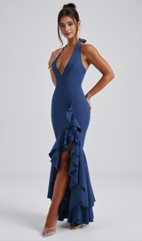 Veronique ruffle hem Maxi Dress in Navy
