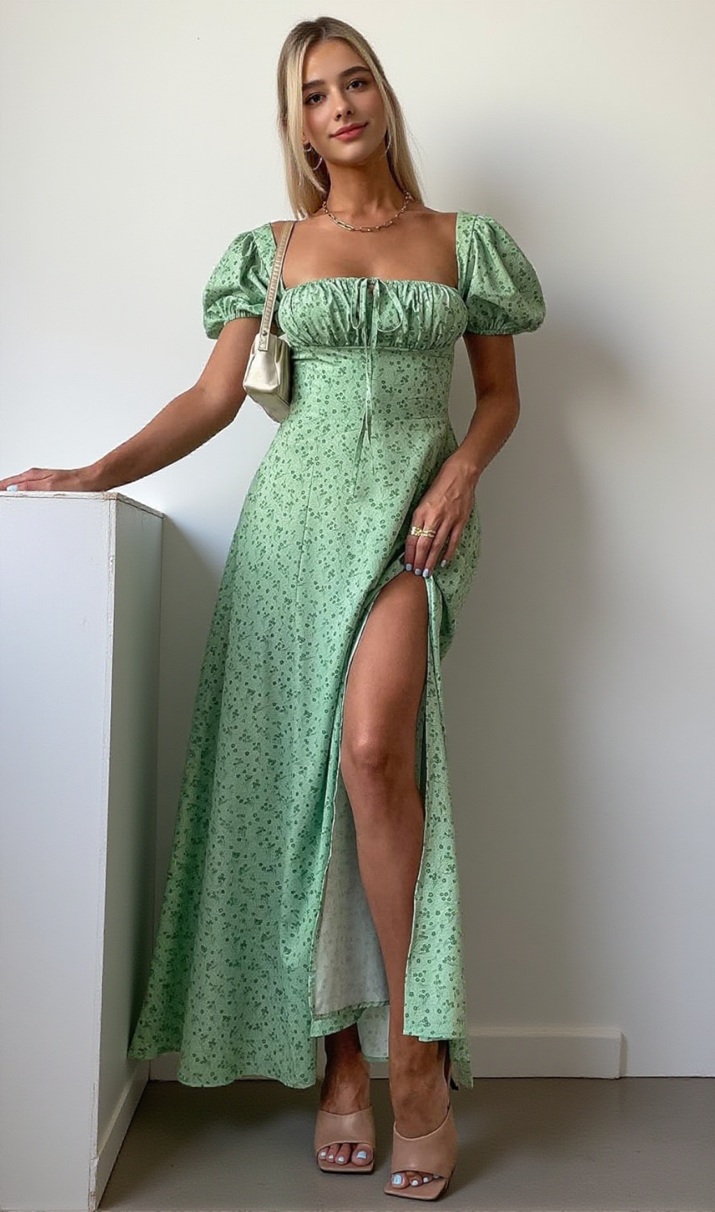 GREEN VINTAGE FLORAL PUFF SLEEVE MIDI DRESS