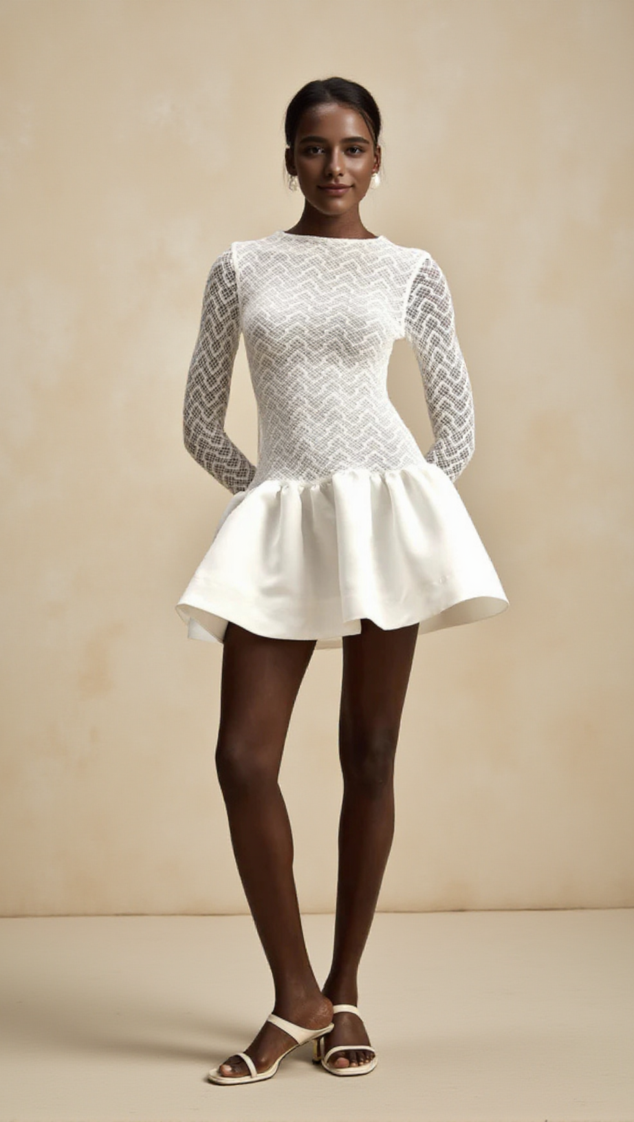 LACE PATCHWORK PUFF MINI DRESS IN WHITE