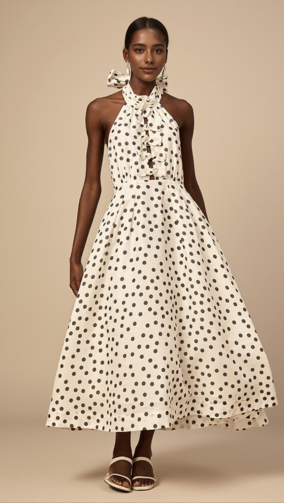BOW POLKA DOT HALTER NECK MIDI DRESS IN WHITE