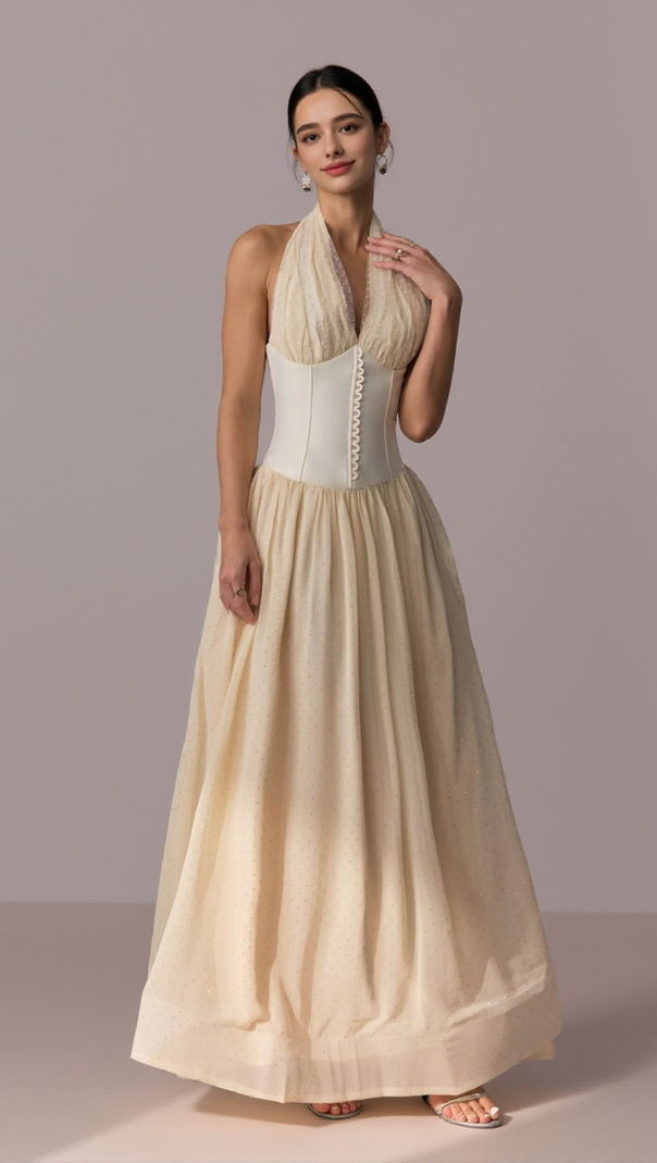 AIIZIE TIFFANY HALTERNECK TULLE OVERLAY MAXI DRESS IN APRICOT - product image
