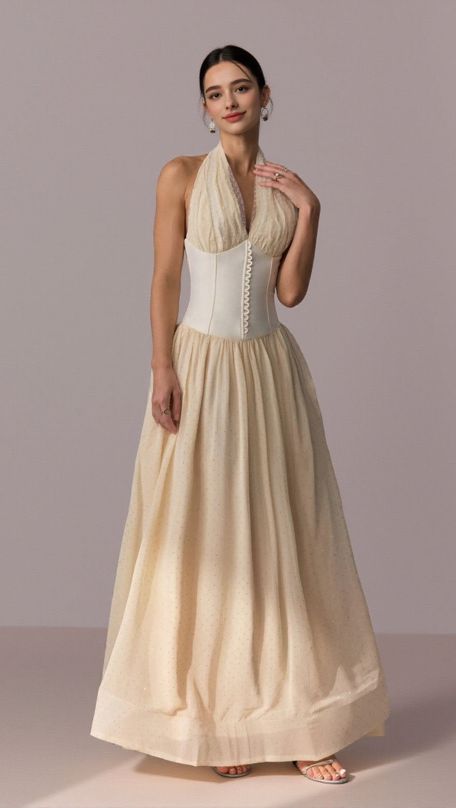 TIFFANY HALTERNECK TULLE OVERLAY MAXI DRESS IN APRICOT